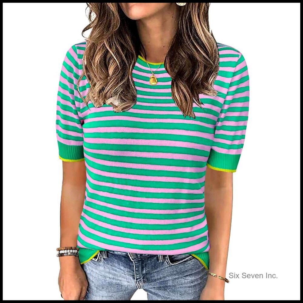 Striped Knit Pullover Sweater Short Sleeve Crewneck Casual Chic Top